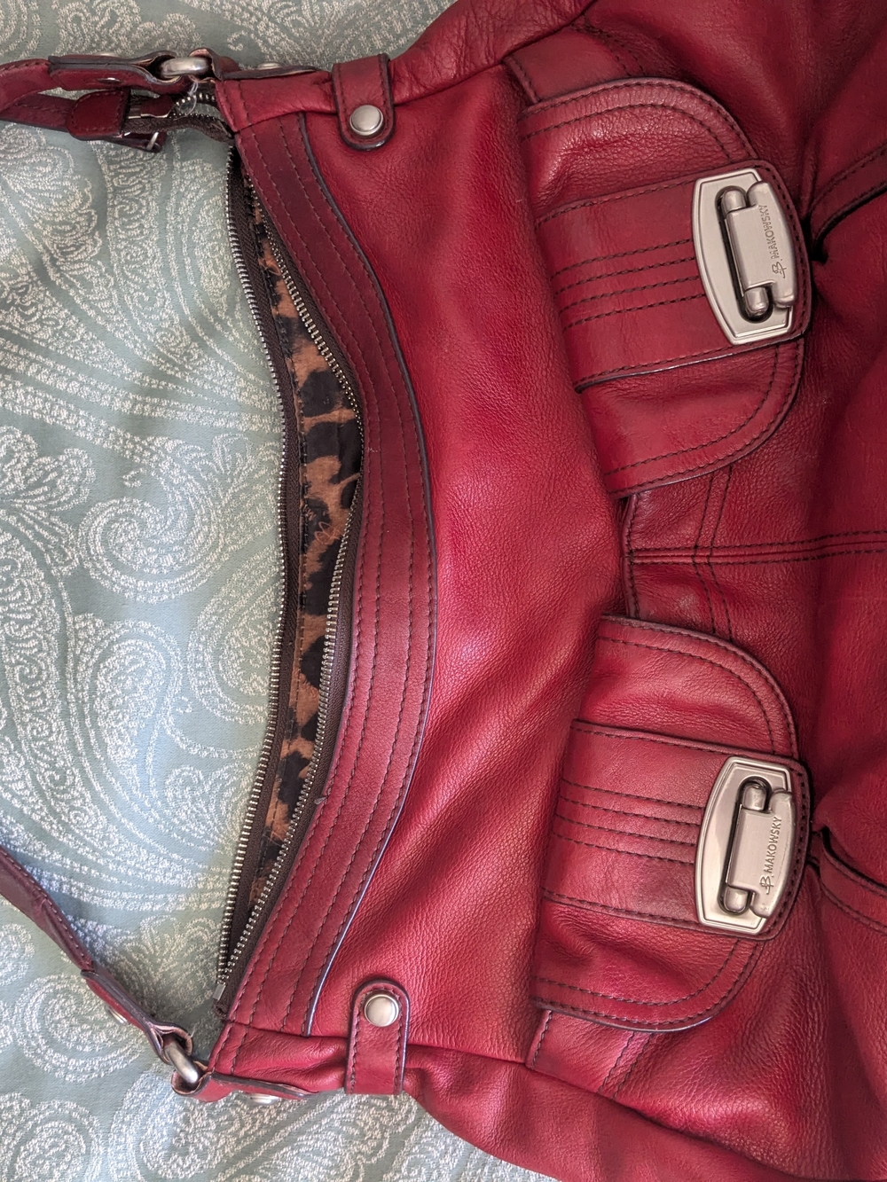 b. makowsky Red Leather Turnlock Shoulder Bag with Silver Hardware